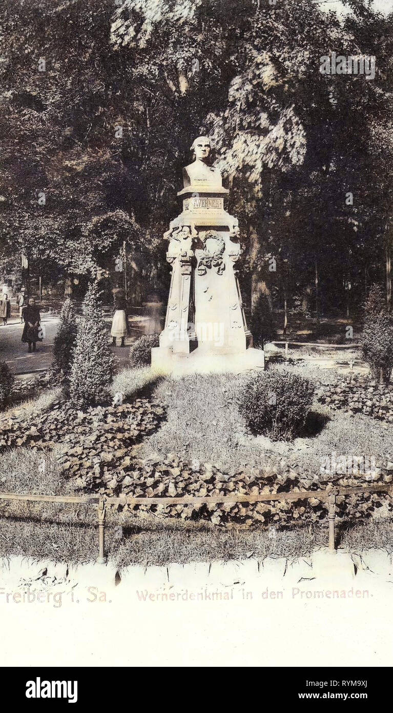 Spianate, Busto di Abraham Gottlob Werner, Freiberg (Sachsen), 1905, Landkreis Mittelsachsen, Freiberg, Wernerdenkmal in den Promenaden, Germania Foto Stock