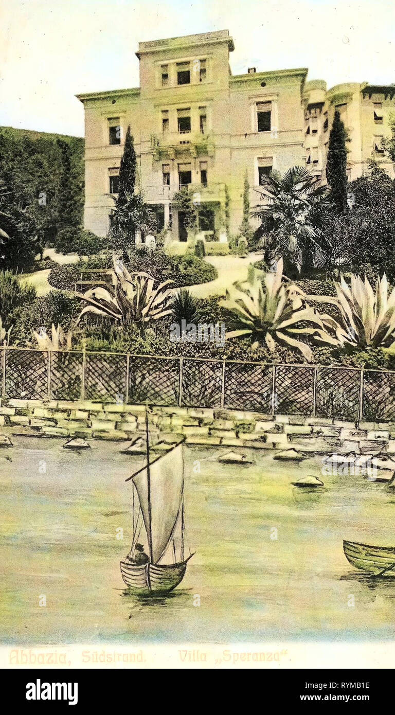 Ville in Croazia, Spiagge di Croazia, Barche a vela in Croazia, le immagini storiche di Opatija, 1905, Primorje-Gorski Kotar County, Abbazia, Südstrand mit Segelboot, Villa Speranza Foto Stock