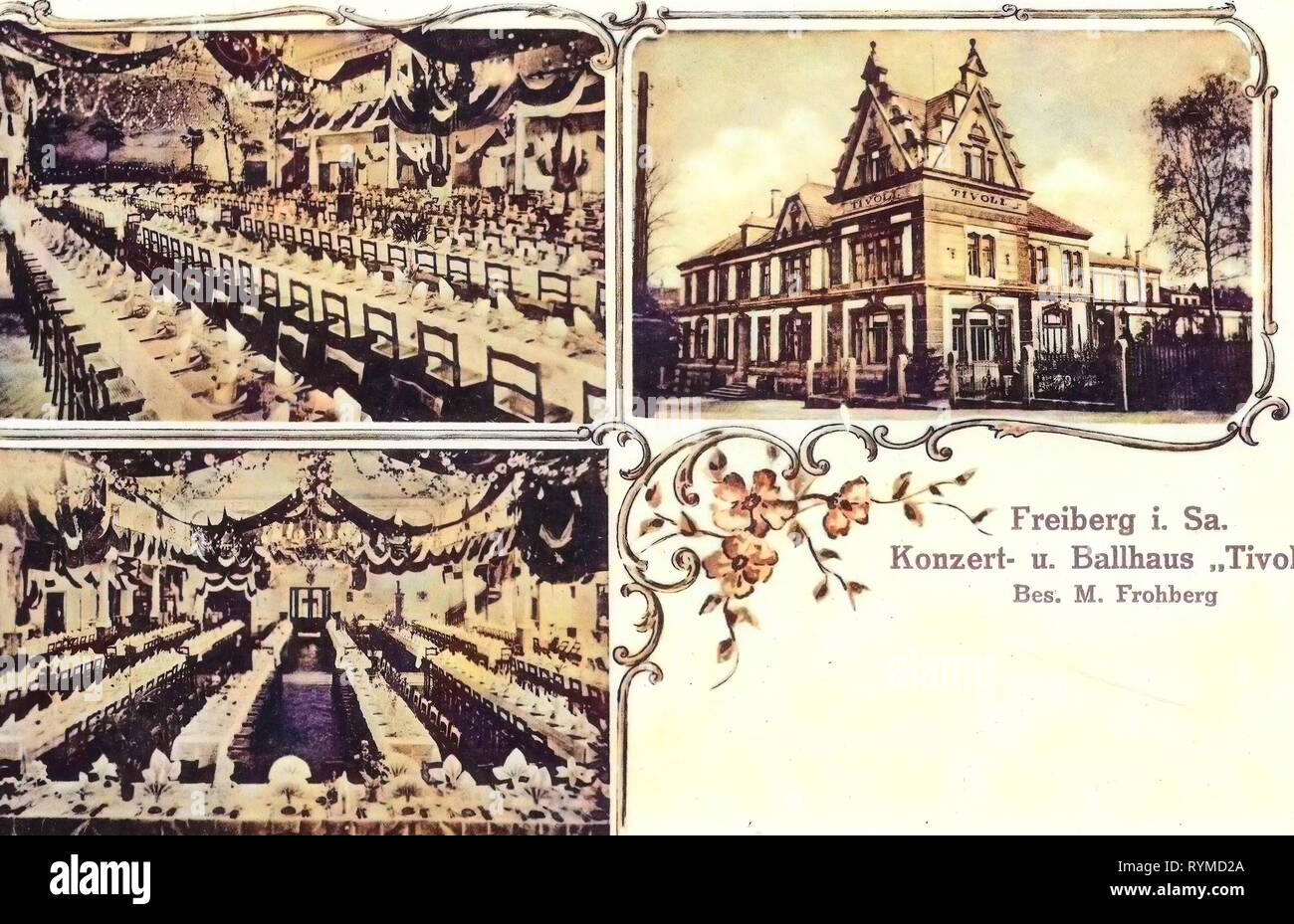 Cartoline Multiview, sale da ballo in Germania, sale da pranzo in Germania, ristoranti a Freiberg (Sachsen), 1906 Landkreis Mittelsachsen, Freiberg, Concerto, und Ballhaus Tivoli Innen und Außenansicht Foto Stock