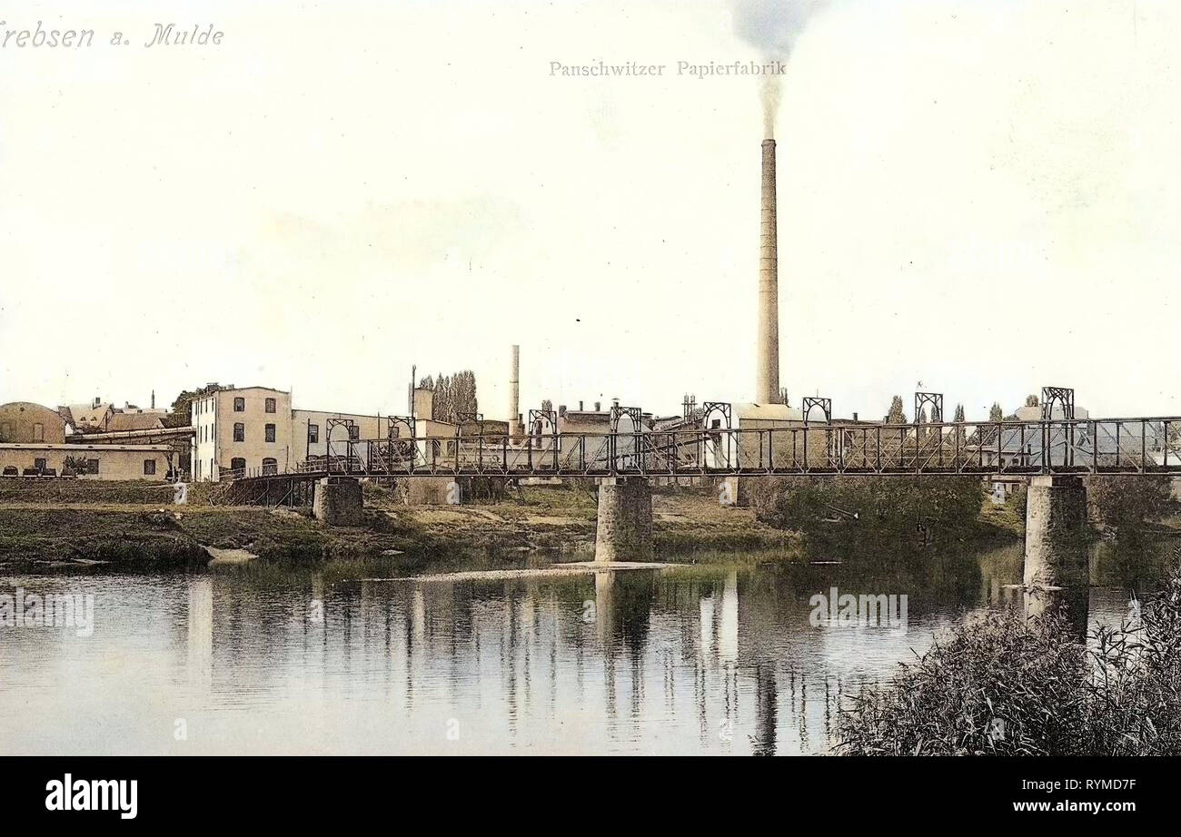 Ponti in Trebsen/Mulde, monocromatico, ponti nel Landkreis Leipzig, di cartiere e fabbriche di pasta per carta in Sassonia, ponti al di sopra della Mulde nel Landkreis Leipzig, Mulde in Trebsen/Mulde, 1906 Landkreis Leipzig, Trebsen, Panschwitzer Papierfabrik, Germania Foto Stock