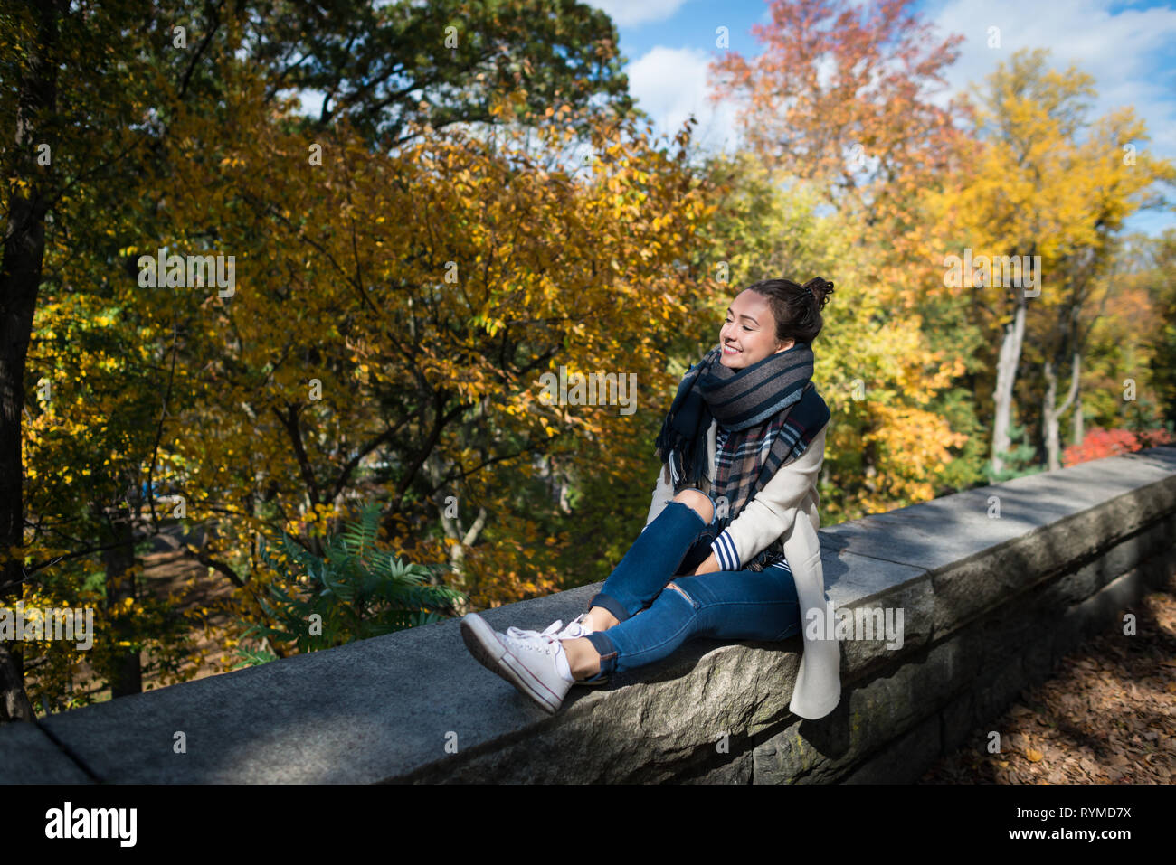 Giovane donna sorridente appoggiato su sfondo giallo di alberi e foglie. Felice elegante ragazza si siede da solo nel parco. Soleggiata giornata autunnale nella città di New York, Stati Uniti d'America. Foto Stock