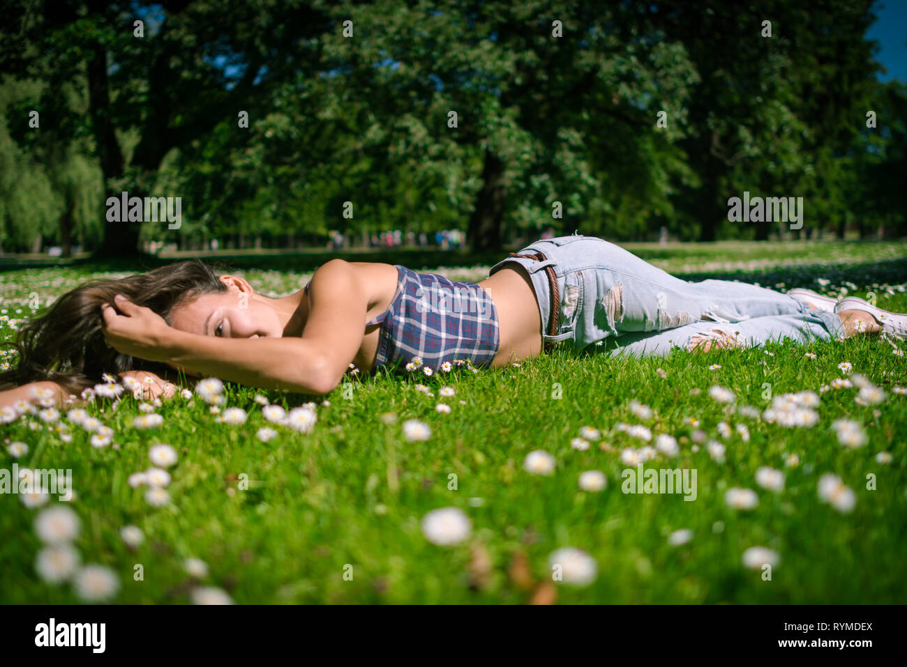 Giovane donna allegra giace sul prato verde. Felice ragazza è in un momento di relax a campo di camomilla in un caldo giorno d'estate sullo sfondo di grandi alberi nel parco. Foto Stock