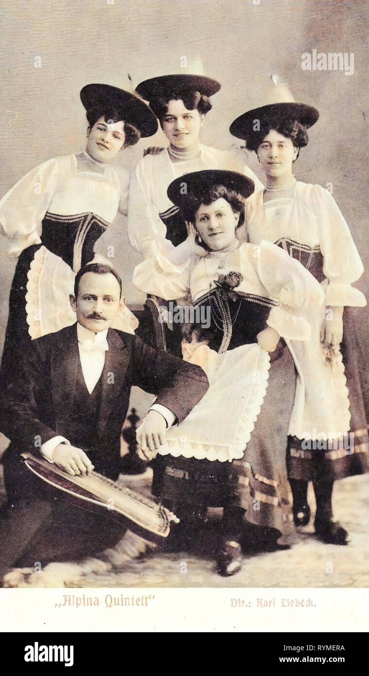 Musicisti, ritratti di gruppo con 5 persone, 1907 cartoline, 1907, Alpina, Quintett Foto Stock