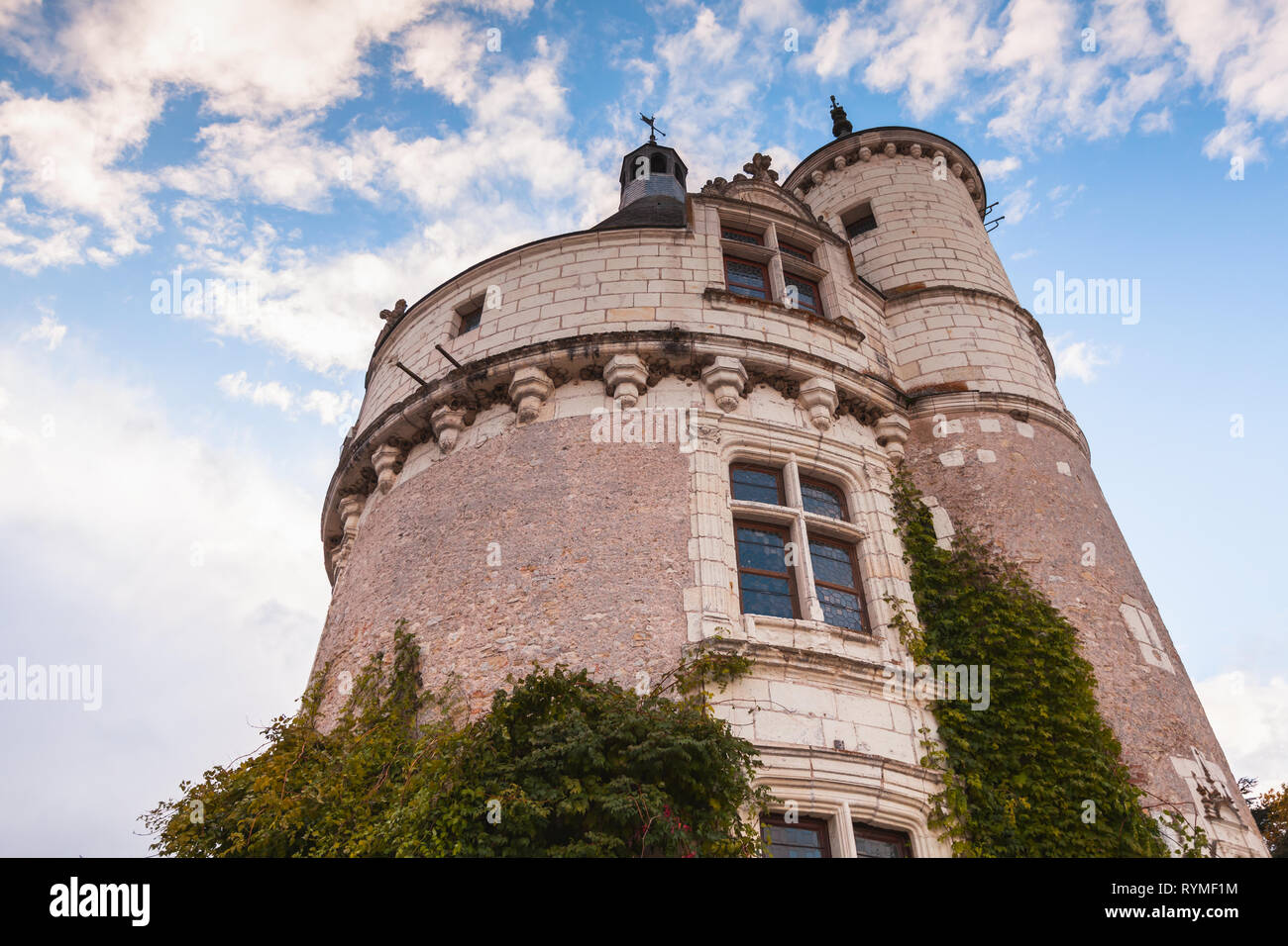 Chenonceau, Francia - 6 Novembre 2016: Torre del Chateau de Chenonceau sotto il cielo nuvoloso, castello medievale, la Valle della Loira. Fu costruita nel XV secolo, Foto Stock