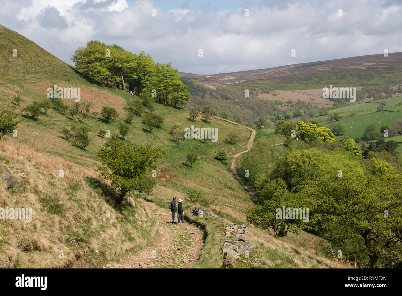 Matura in piedi per ammirare la vista delle colline nei pressi di Hayfield nel parco nazionale di Peak District, Derbyshire, in Inghilterra. Una soleggiata giornata di primavera. Foto Stock