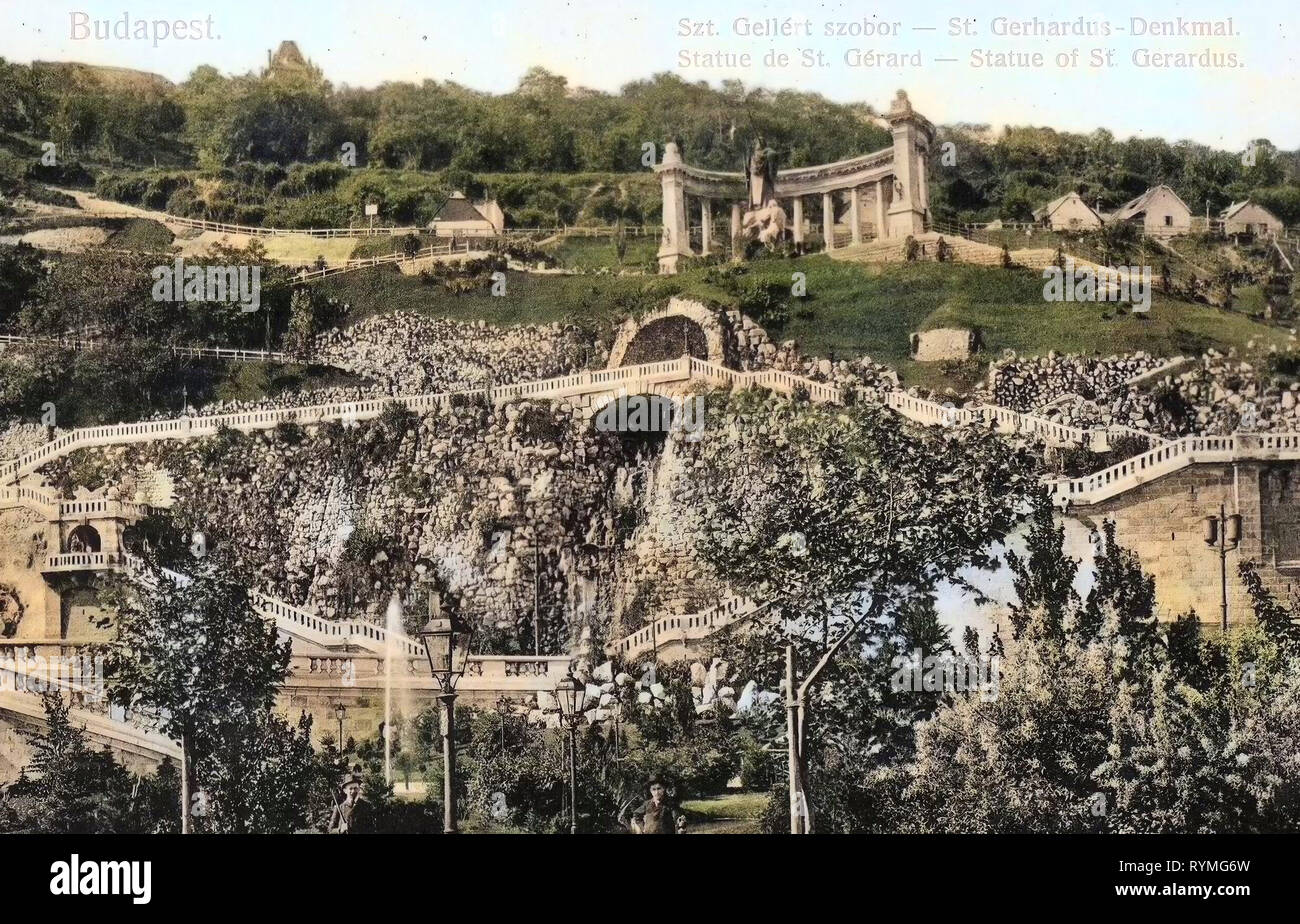 Gerardo Sagredo monumento nel distretto di Budapest I, il Monte Gellért cascata, 1907, Budapest, Gerhardus, monumento, Ungheria Foto Stock