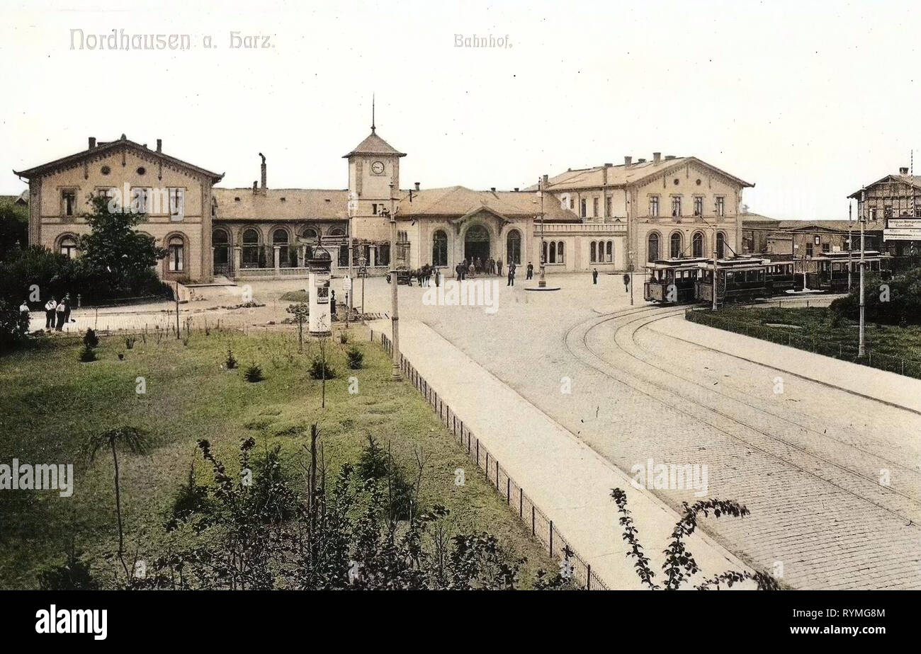 Bahnhof Nordhausen, Tram a Nordhausen, pubblicità colonne in Turingia, 1907, Turingia, Nordhausen, Bahnhof Foto Stock