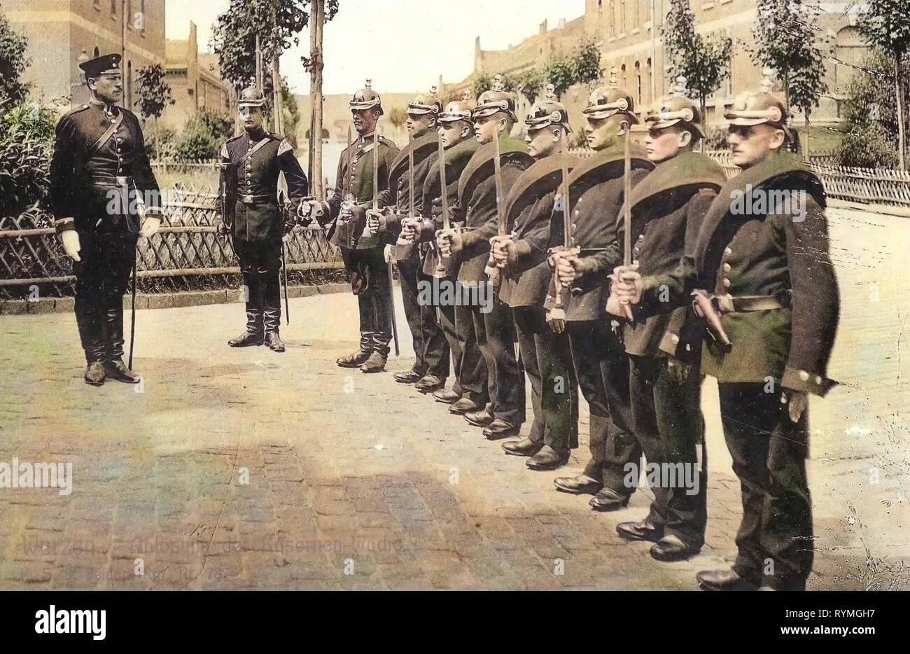 Cambio della Guardia, le strutture militari della Germania, 8. Königlich Sächsisches Feldartillerie-Regiment Nr. 78, 1908, Landkreis Leipzig, Wurzen, Ablösung der Kasernenwache Foto Stock