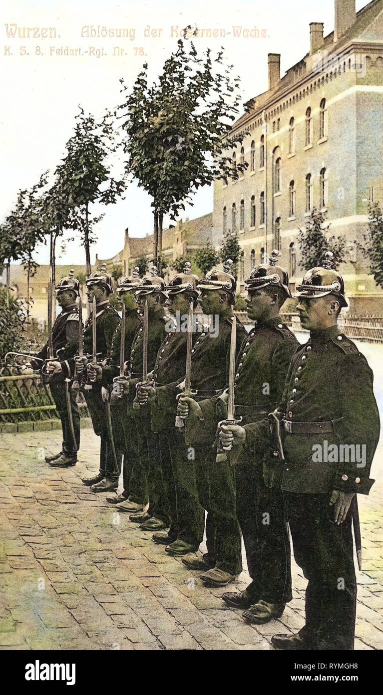 Cambio della Guardia, le strutture militari della Germania, 8. Königlich Sächsisches Feldartillerie-Regiment Nr. 78, 1908, Landkreis Leipzig, Wurzen, Ablösung der Kasernenwache Foto Stock