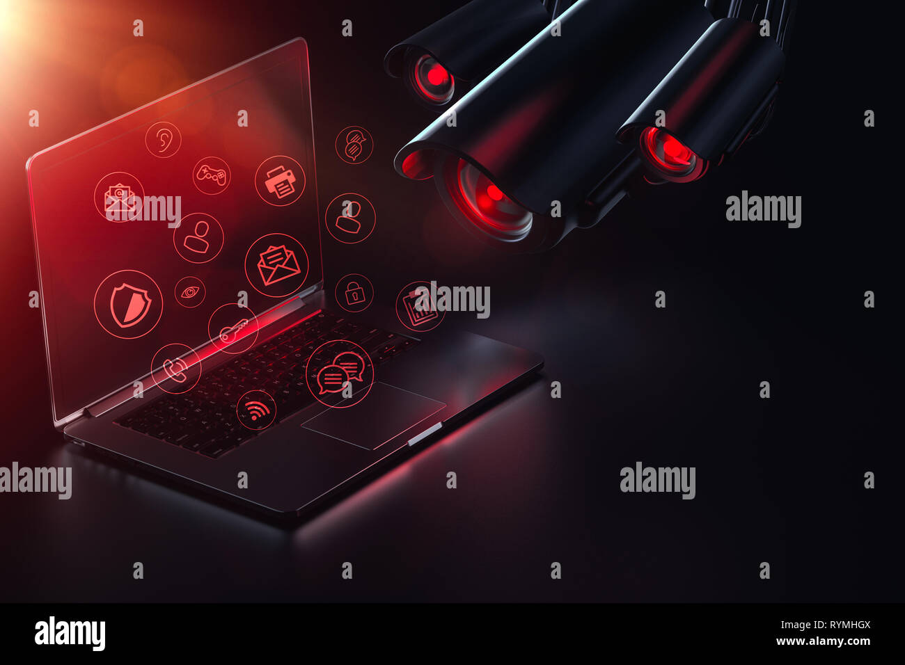 Telecamere ostile cerca computer per le password, dati sensibili e possibili backdoor. Sorveglianza di Internet. Una vulnerabilità ad attacchi di hacker concept Foto Stock