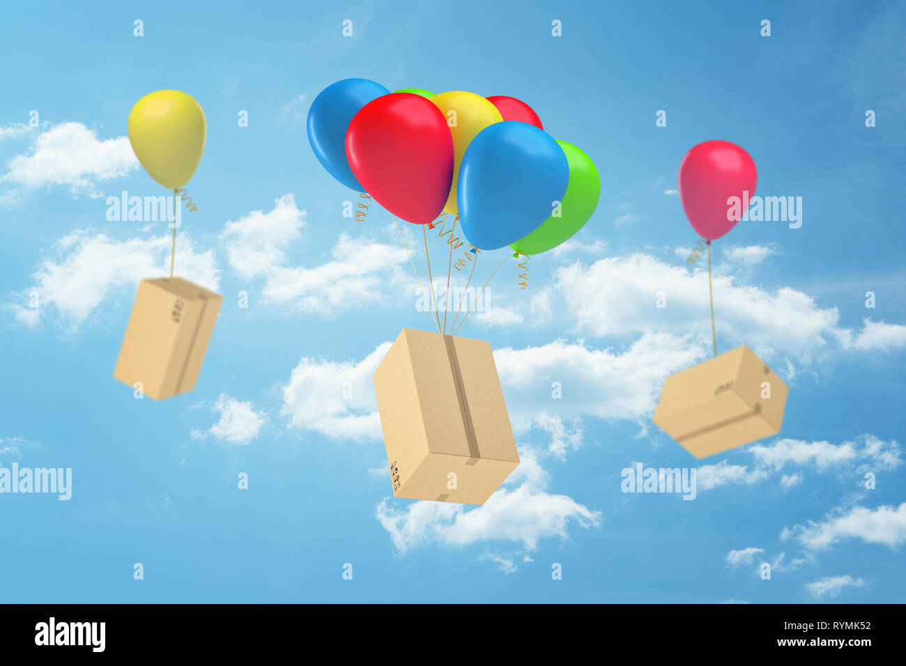 3D rendering delle scatole di cartone attaccato a palloncini colorati in  aria con il cielo blu e nuvole bianche su sfondo. Arte digitale. Oggetti e  mater Foto stock - Alamy