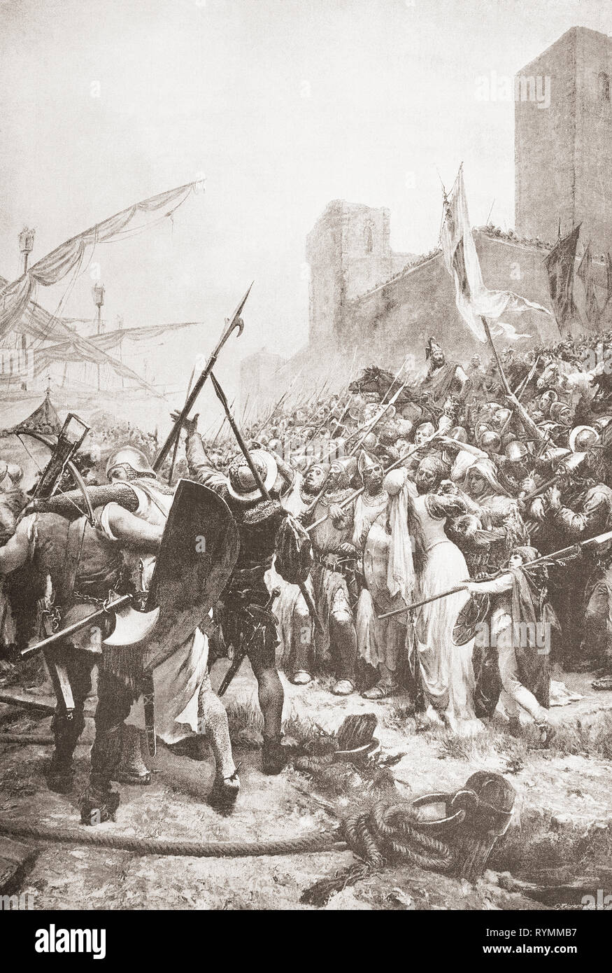 Giacomo I d'Aragona, aka Giacomo I il Conquistatore lasciando Salou, Tarragona, Spagna per la conquista dell'isola di Maiorca, 1229. Da Ilustracion Artistica, pubblicato 1887. Foto Stock
