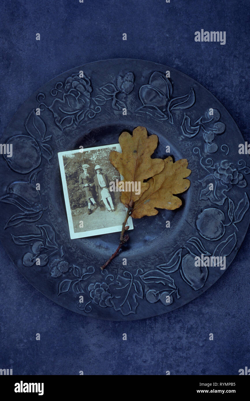 Brown foglie autunnali di inglese di quercia o Quercus robur tree giacente in peltro ornamentali piastra con foto in bianco e nero degli anni venti giovane Foto Stock