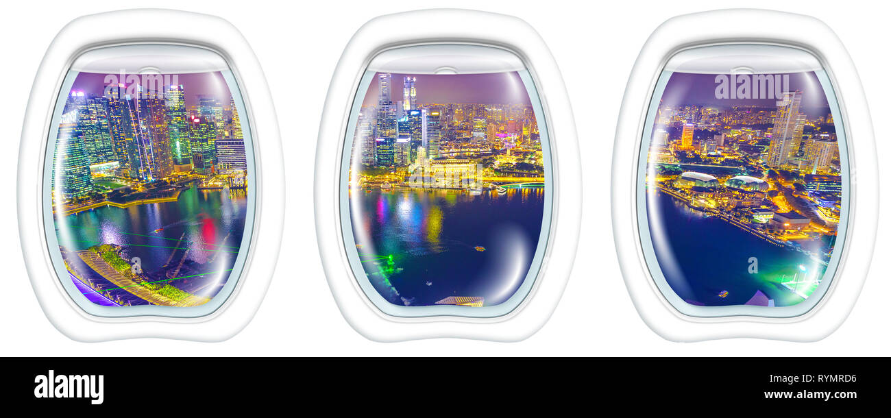 Volo panoramico sopra lo skyline di Singapore all'alba. Notte antenna urbano scena. interno della cabina con il quartiere finanziario di grattacieli di notte su Singapore Foto Stock