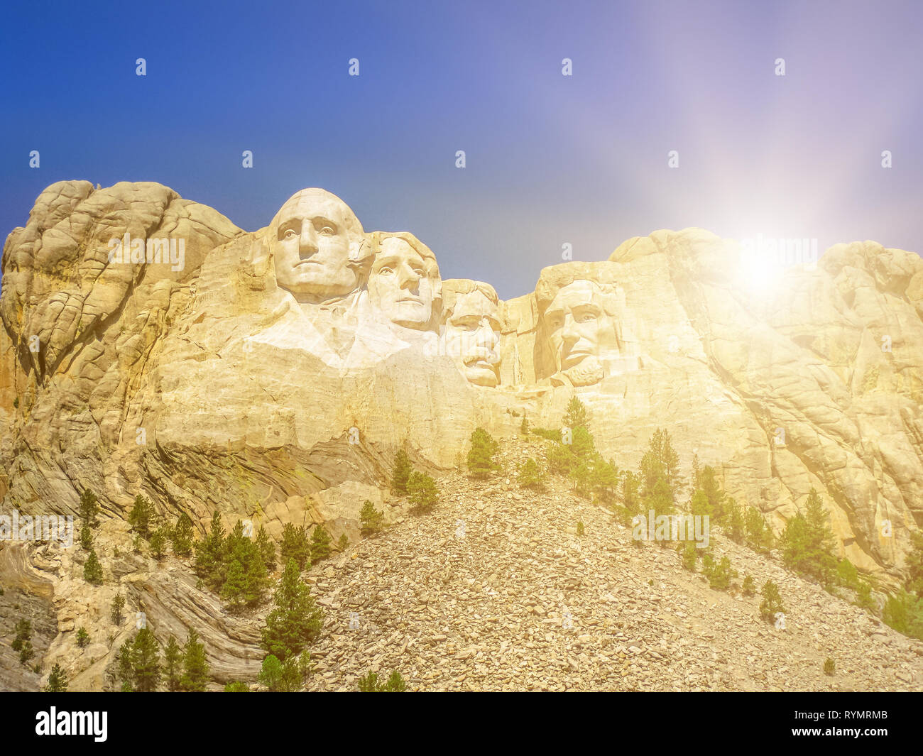 La luce del tramonto Mount Rushmore National Memorial degli Stati Uniti d'America e il parco nazionale in Sud Dakota. Presidenti: George Washington, Thomas Foto Stock