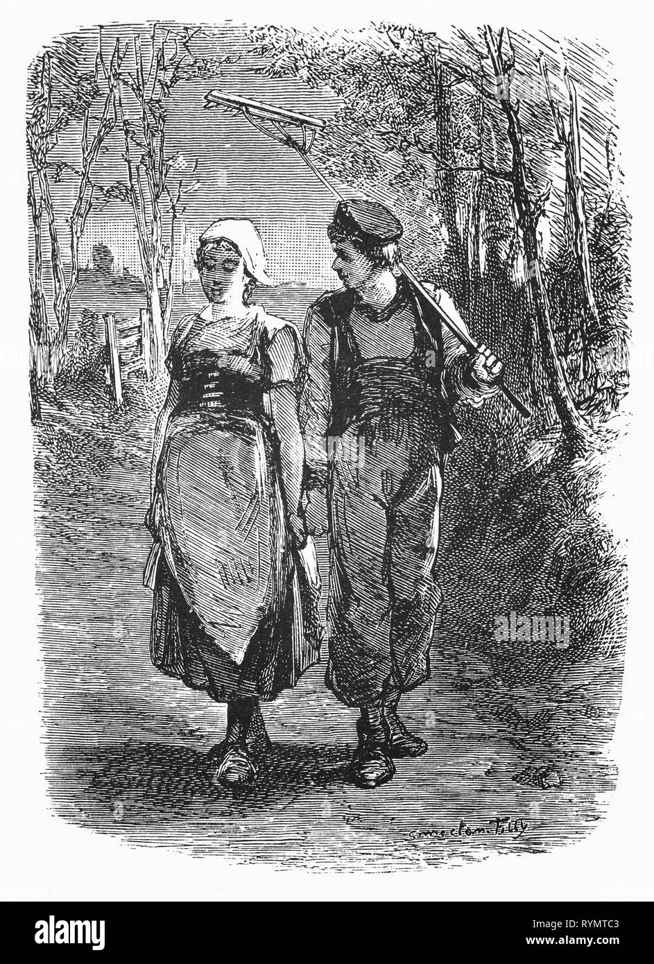 Una giovane coppia olandese appena incontrato, passeggiata, leggermente la linguetta legata giù per una pista forestale. Dalla Camera Obscura, un XIX secolo collezione di Dutch ironico-realistico saggi, storie e bozzetti in cui Hildebrand, l'autore tiene un ironico guardare il comportamento del 'ben-to-do', trovando in essi borghesi e senza una buona parola per loro. Foto Stock