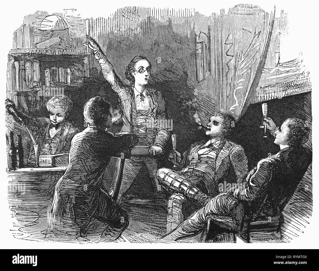 Gerrit Witse, uno studente presso la Scuola di Medicina in Lieden trattare la sua tabella di vino molti sigari come raccontano storie nella notte. Dalla Camera Obscura, un XIX secolo collezione di Dutch ironico-realistico saggi, storie e bozzetti in cui Hildebrand, l'autore tiene un ironico guardare il comportamento del 'ben-to-do', trovando in essi borghesi e senza una buona parola per loro. Foto Stock