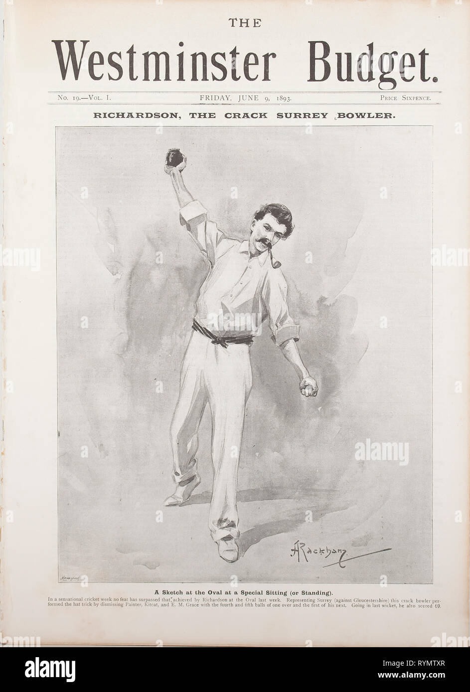 Bilancio di Westminster Pagina anteriore di Tom Richardson la crepa surrey bowler dal 9 giugno 1893 Foto Stock
