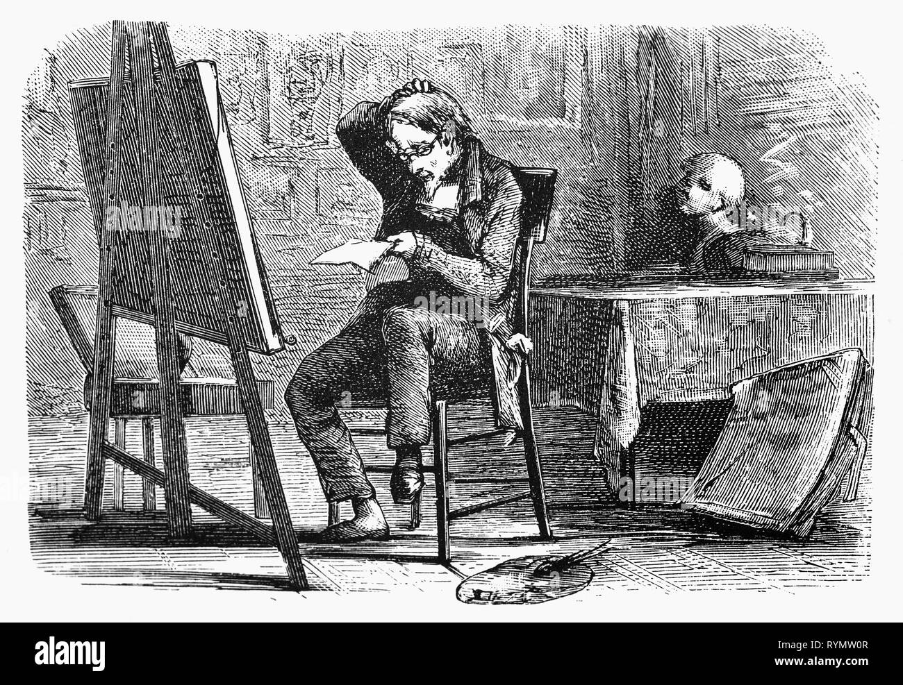 Egidio Punter, e l'artista al lavoro sul suo 'master-pezzo' che egli auspica porterà la futura fama. Dalla Camera Obscura, un XIX secolo collezione di Dutch ironico-realistico saggi, storie e bozzetti in cui Hildebrand, l'autore tiene un ironico guardare il comportamento del 'ben-to-do', trovando in essi borghesi e senza una buona parola per loro. Foto Stock