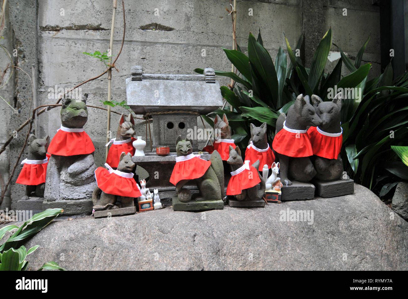 Fox sculture (Kitsune) dell'Namiyoke Inari Jinja santuario situato vicino al mercato del pesce Tsukiji a Tokyo Foto Stock