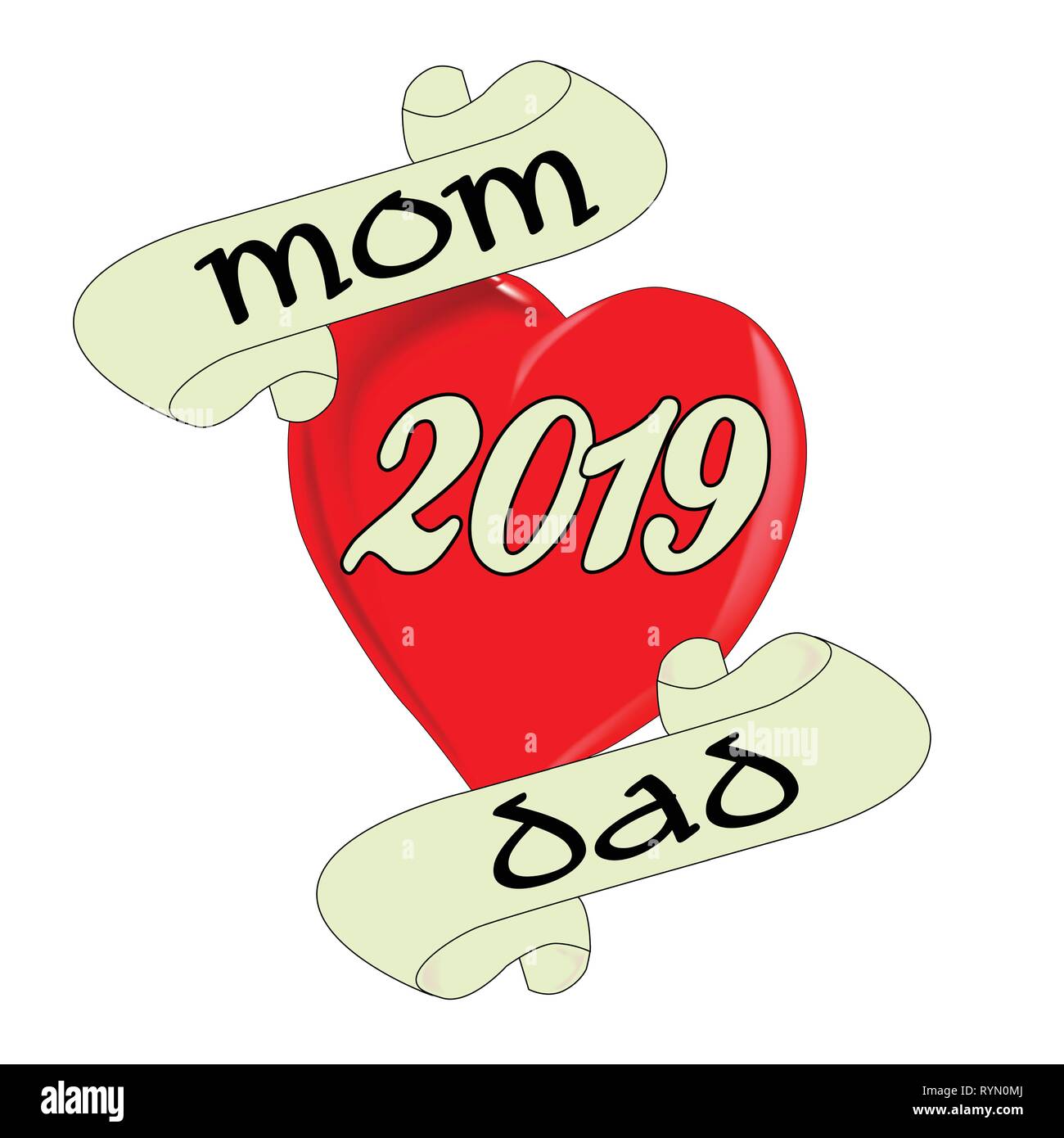 Un tatuaggio immagine di stile del 'amore mamma e papà' logo con 2019 data Illustrazione Vettoriale