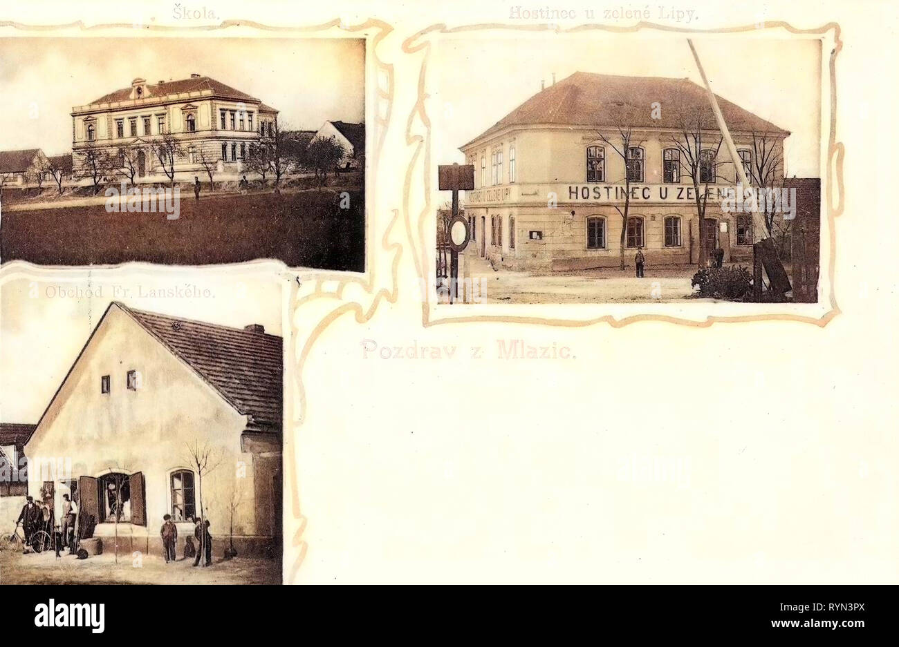 Cartoline Multiview, scuole in Mělník, Ristoranti in Mělník, negozi in Mělník, 1904 cartoline, Mlazic 1904, verschiedene Bauwerke Foto Stock