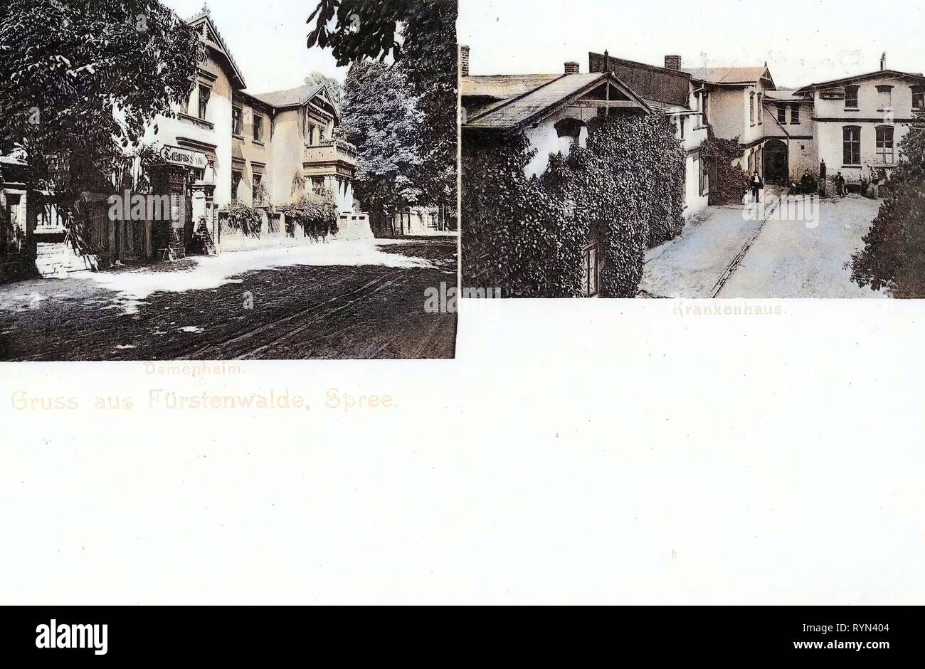 Ospedali nel Land di Brandeburgo, cartoline Multiview, Fürstenwalde/Spree, 1904, Brandeburgo, Fürstenwalde, Damenheim, Krankenhaus Foto Stock