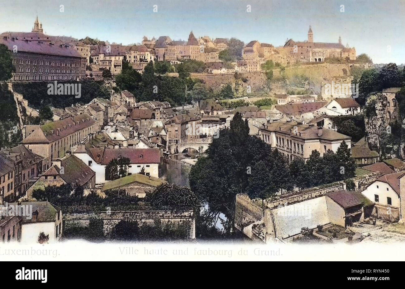 Cartoline della città di Lussemburgo, vedute della città di Lussemburgo, 1904, Lussemburgo distretto, Grund (città di Lussemburgo), Lussemburgo, Ville haute und faubourg du Grund Foto Stock