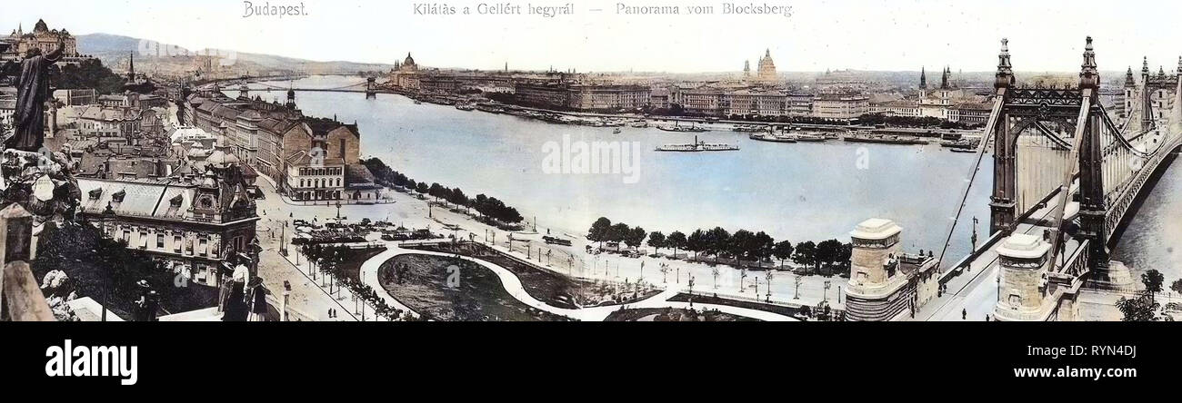 Piroscafi di Ungheria, Danubio a Budapest, fotografie storiche della collina Gellért, 1904, Budapest, panorama vom Blocksberg, Donau mit Dampfern Foto Stock