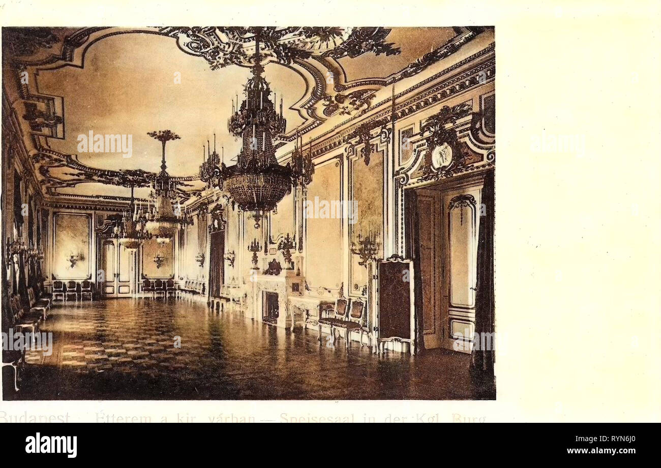 Sale da pranzo in Ungheria, interni di Buda Royal Palace, 1905, Budapest, Speisesaal in der königlichen Burg Foto Stock