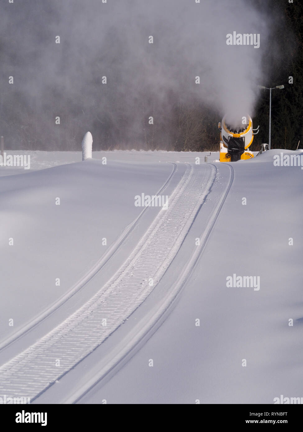 Motoslitta tracce nella neve incontaminata che conduce verso un cannone da neve Foto Stock