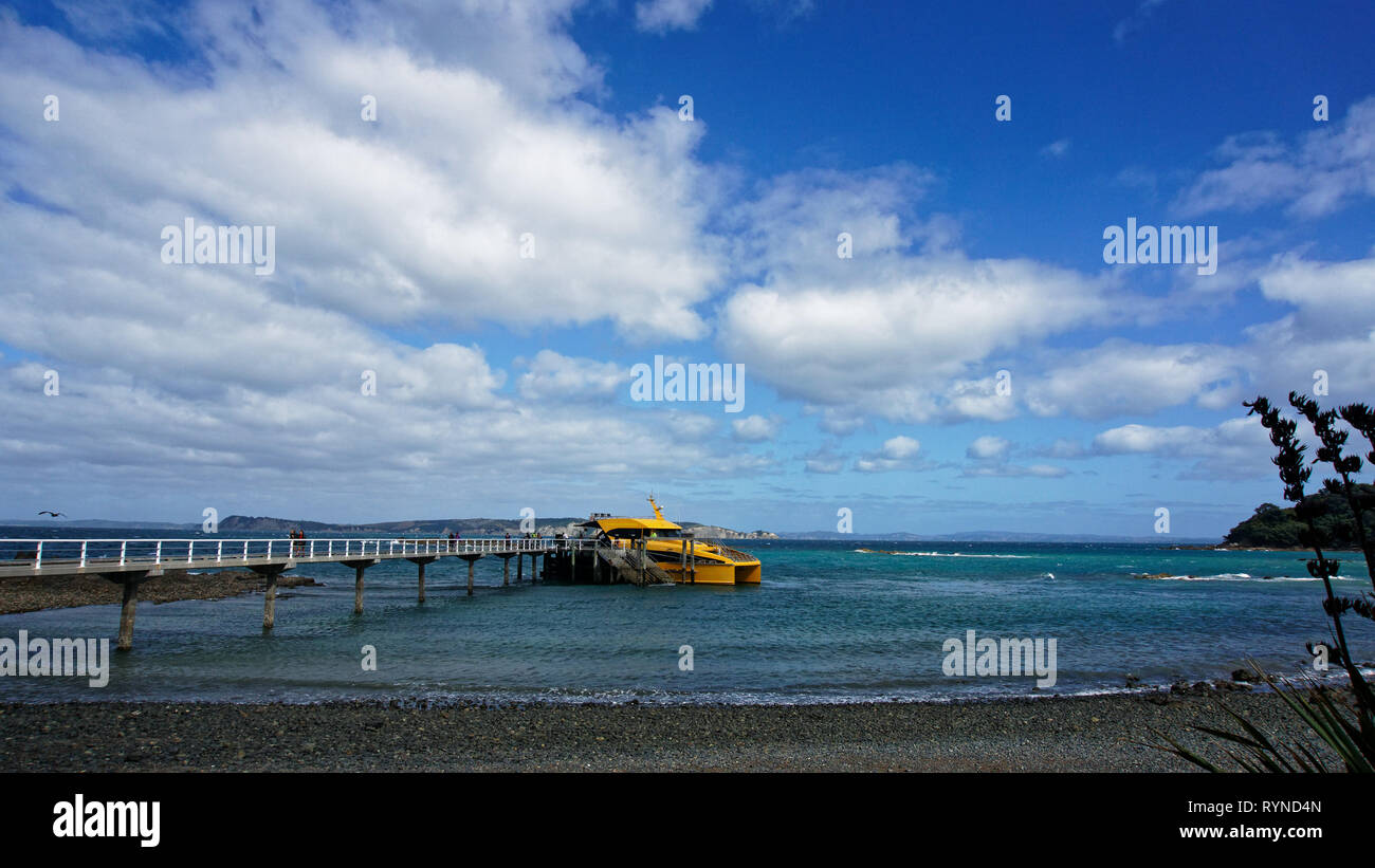 Il molo con un traghetto in attesa su Tiritiri Matangi Island open riserva naturale, Nuova Zelanda. Foto Stock