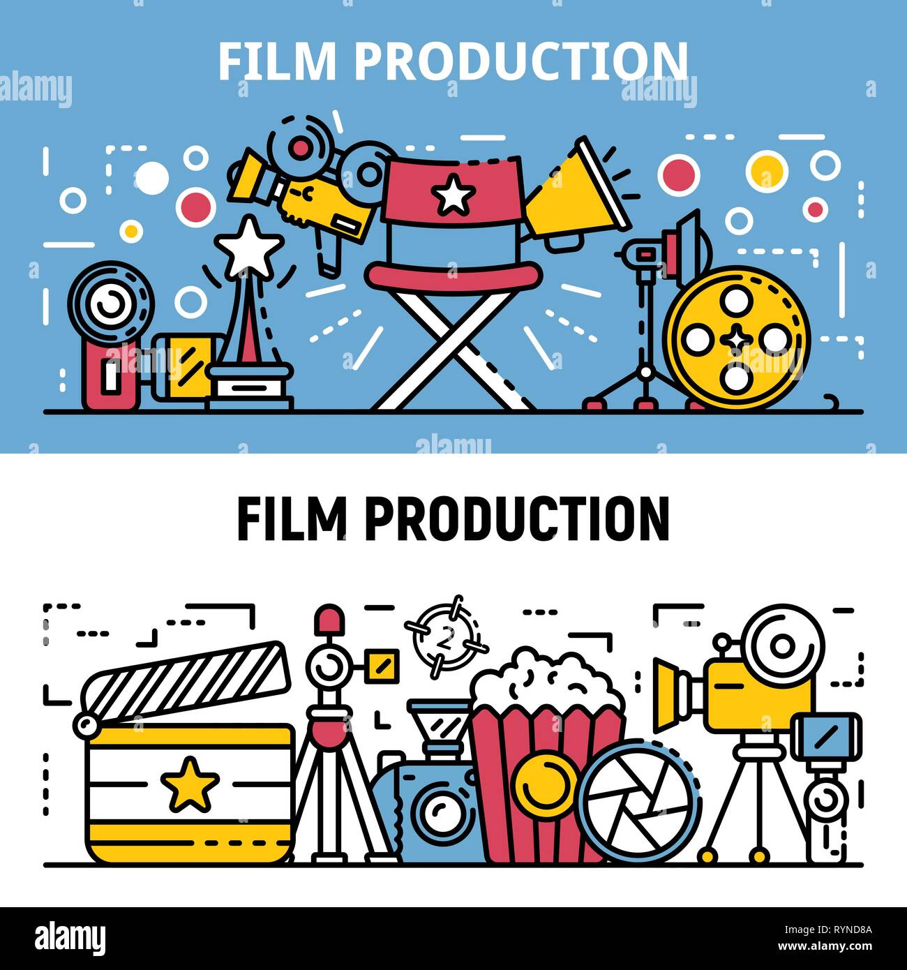 La produzione di una pellicola di set di banner, stile contorno Illustrazione Vettoriale