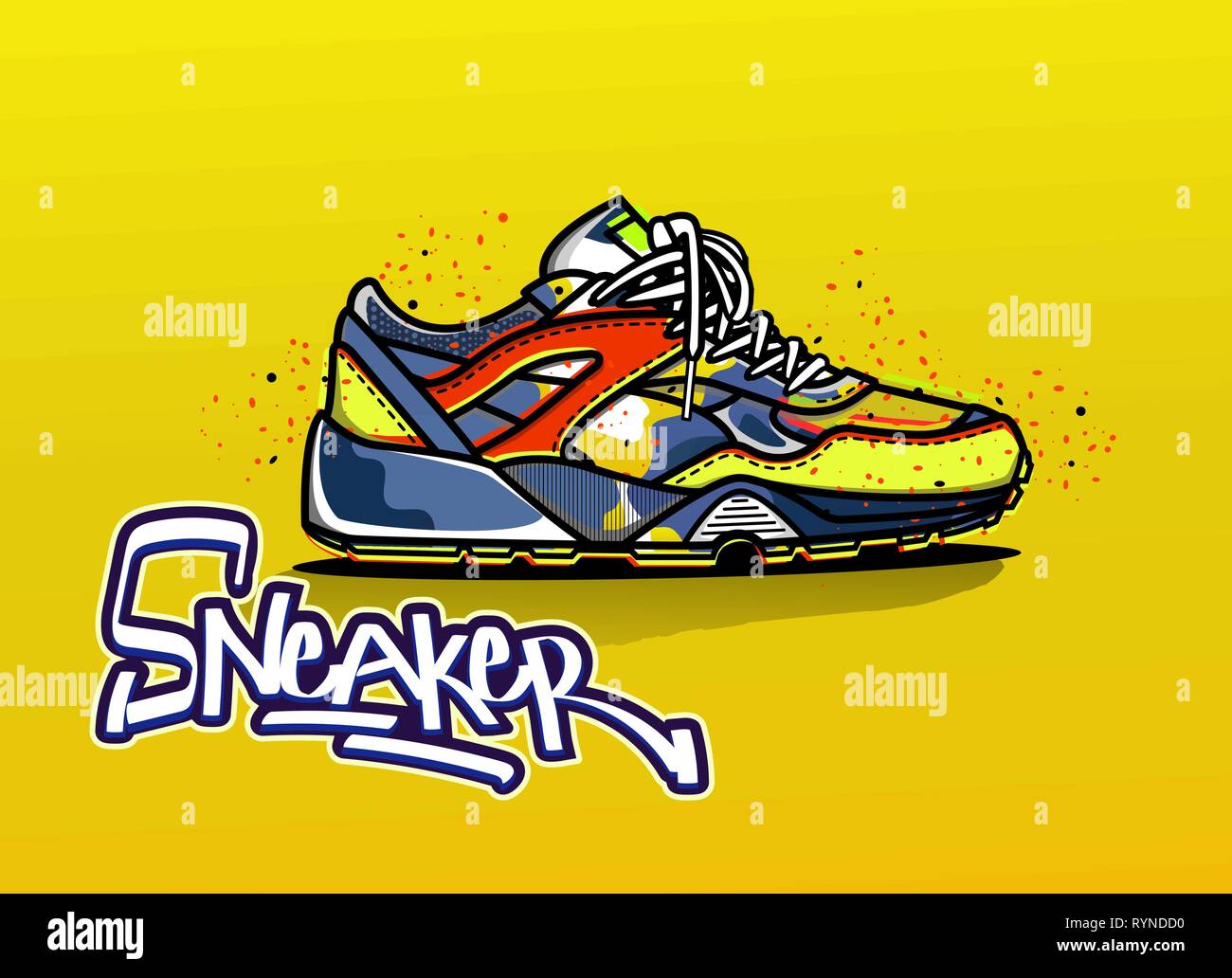 Illustrazione di sneaker a colori. Scarpe sportive. Scarpe da corsa. Icona. Lettering logo. Illustrazione vettoriale EPS 10 Illustrazione Vettoriale