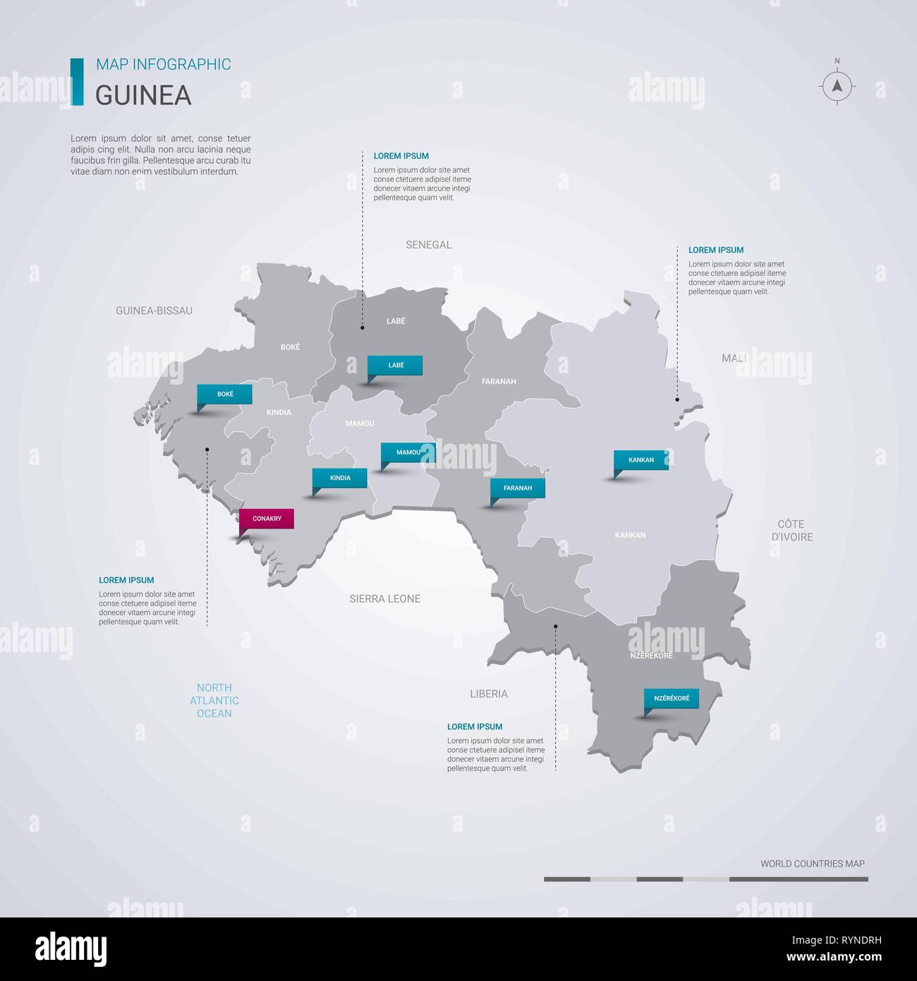 La Guinea mappa vettoriale con elementi infografico, segni di puntatore. Modello modificabile con regioni, città e capitale Conakry. Illustrazione Vettoriale