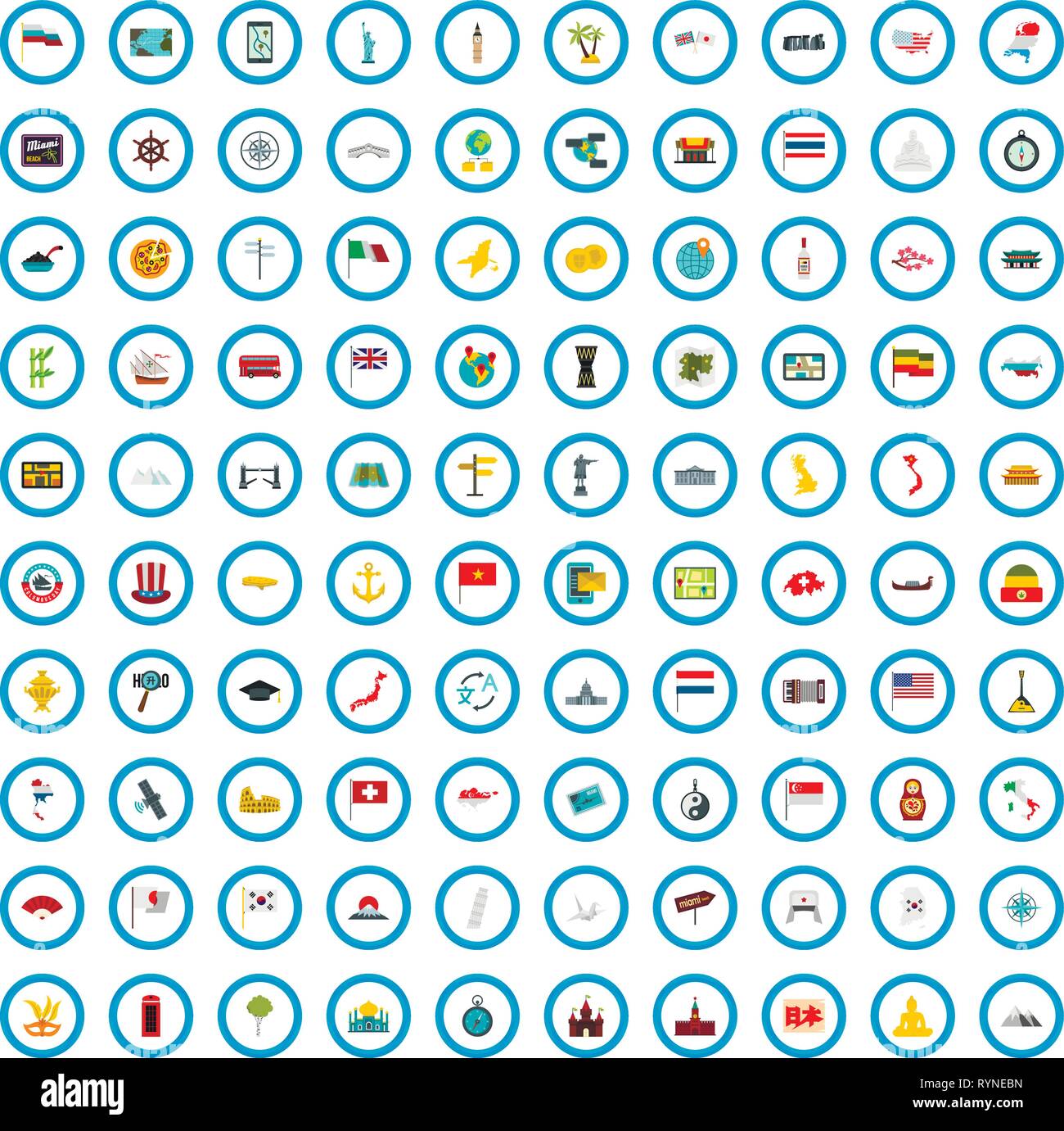 100 geografia set di icone di stile di Piana Illustrazione Vettoriale