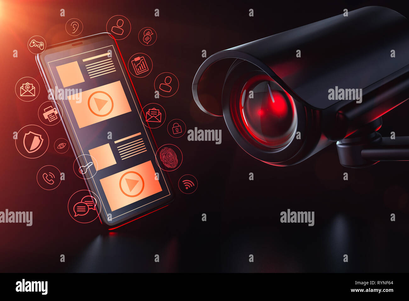 Invigilates tvcc di app e il traffico di dati mobile su uno smartphone. Privacy, di sorveglianza e di monitoraggio dei dati del concetto. Il rendering 3D Foto Stock