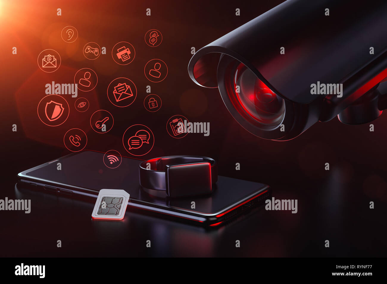 Invigilates tvcc di app e il traffico di dati mobile. Privacy, sorveglianza, monitoraggio dei dati e la raccolta dei dati utente concetto. Il rendering 3D Foto Stock