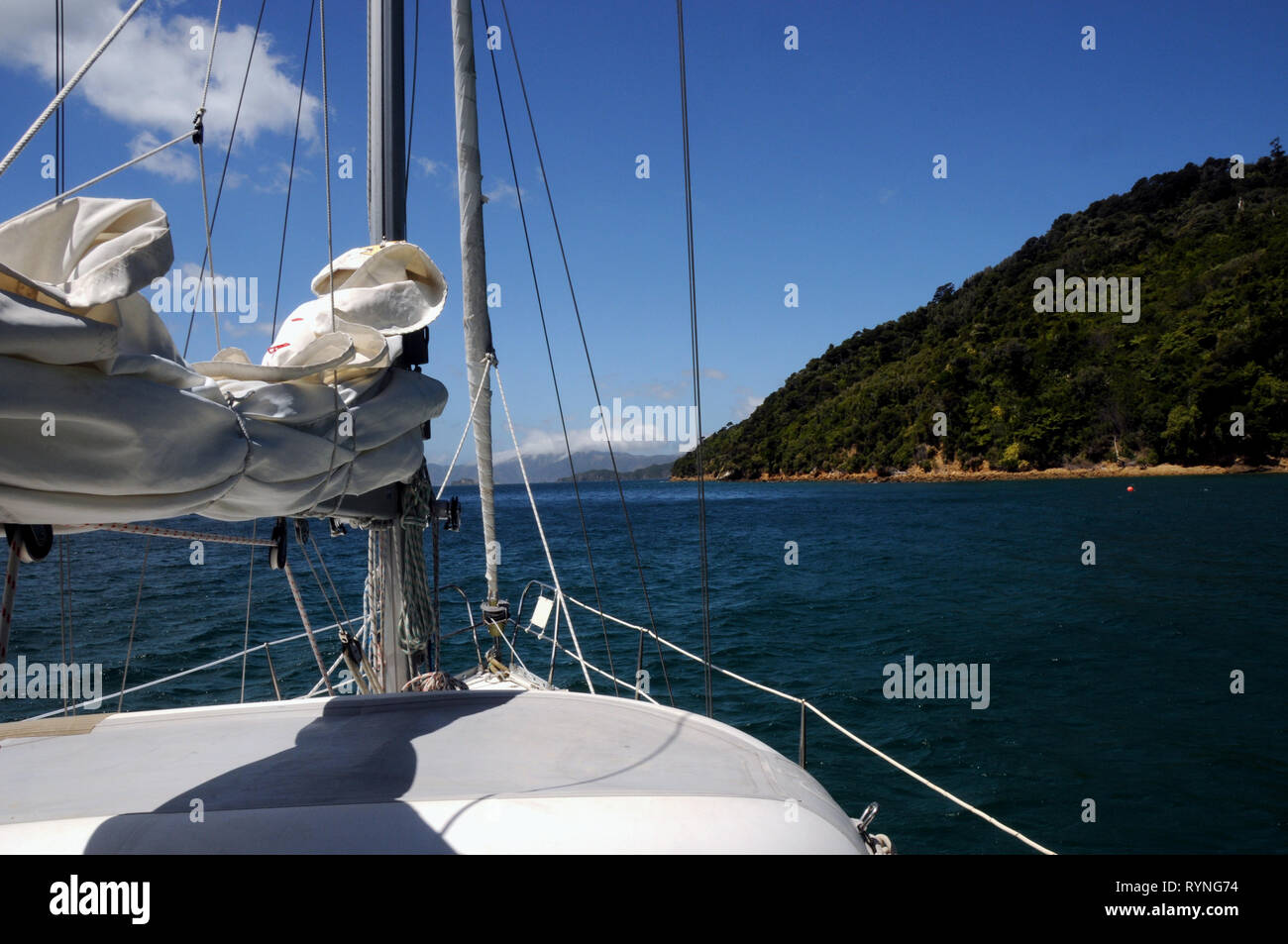 Barca a vela in Queen Charlotte Sound, Marlborough Sounds, Nuova Zelanda. Questo seaway fornisce il collegamento tra il nord e il sud dell'isola. Foto Stock