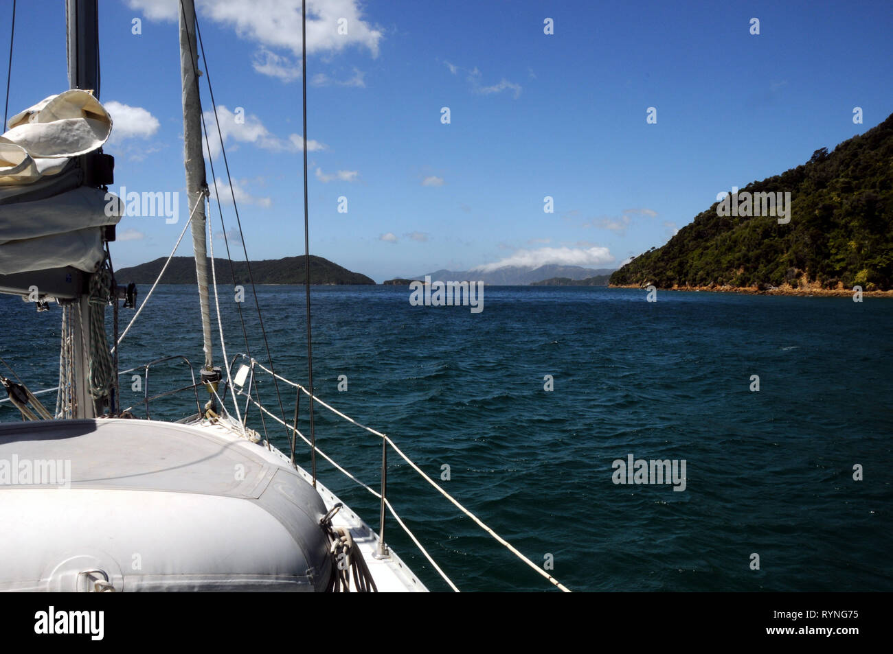 Barca a vela in Queen Charlotte Sound, Marlborough Sounds, Nuova Zelanda. Questo seaway fornisce il collegamento tra il nord e il sud dell'isola. Foto Stock
