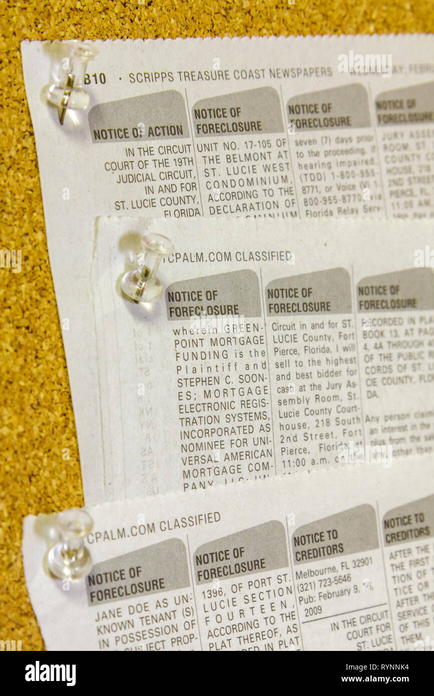 Port St. Lucie Florida,avviso di preclusione,bacheca,economia,giornale,clipping,pubblicazione,sughero,pushpin,FL0902190 Foto Stock
