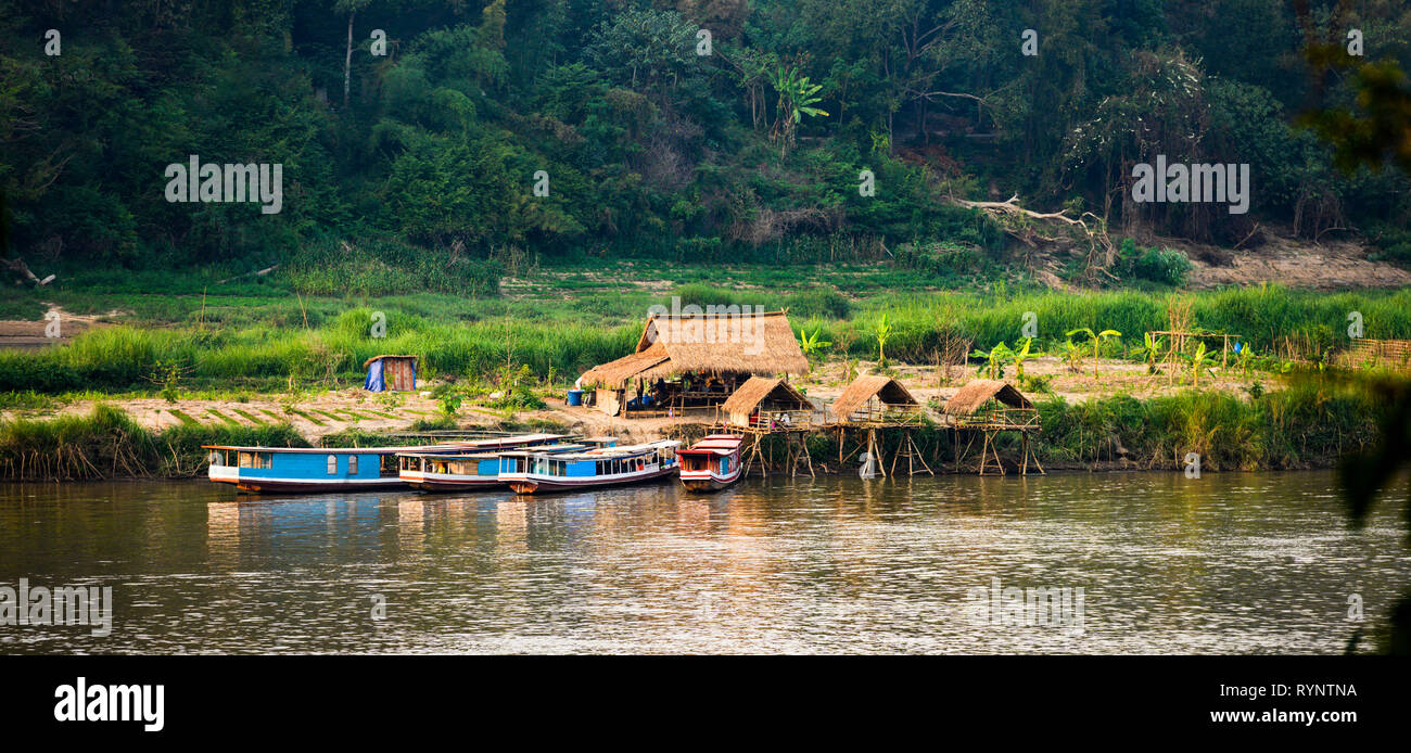 Bella tradizionali capanne con verdi campi in background e barche di legno ancorato sul fiume Mekong. Foto Stock