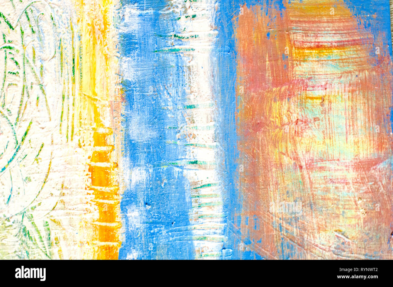 Disegnata a mano di pittura acrilica. L'arte astratta sfondo. Pittura Acrilica su tela di canapa. Colore e struttura. Frammento di opere d'arte. Pennellate di vernice. Foto Stock