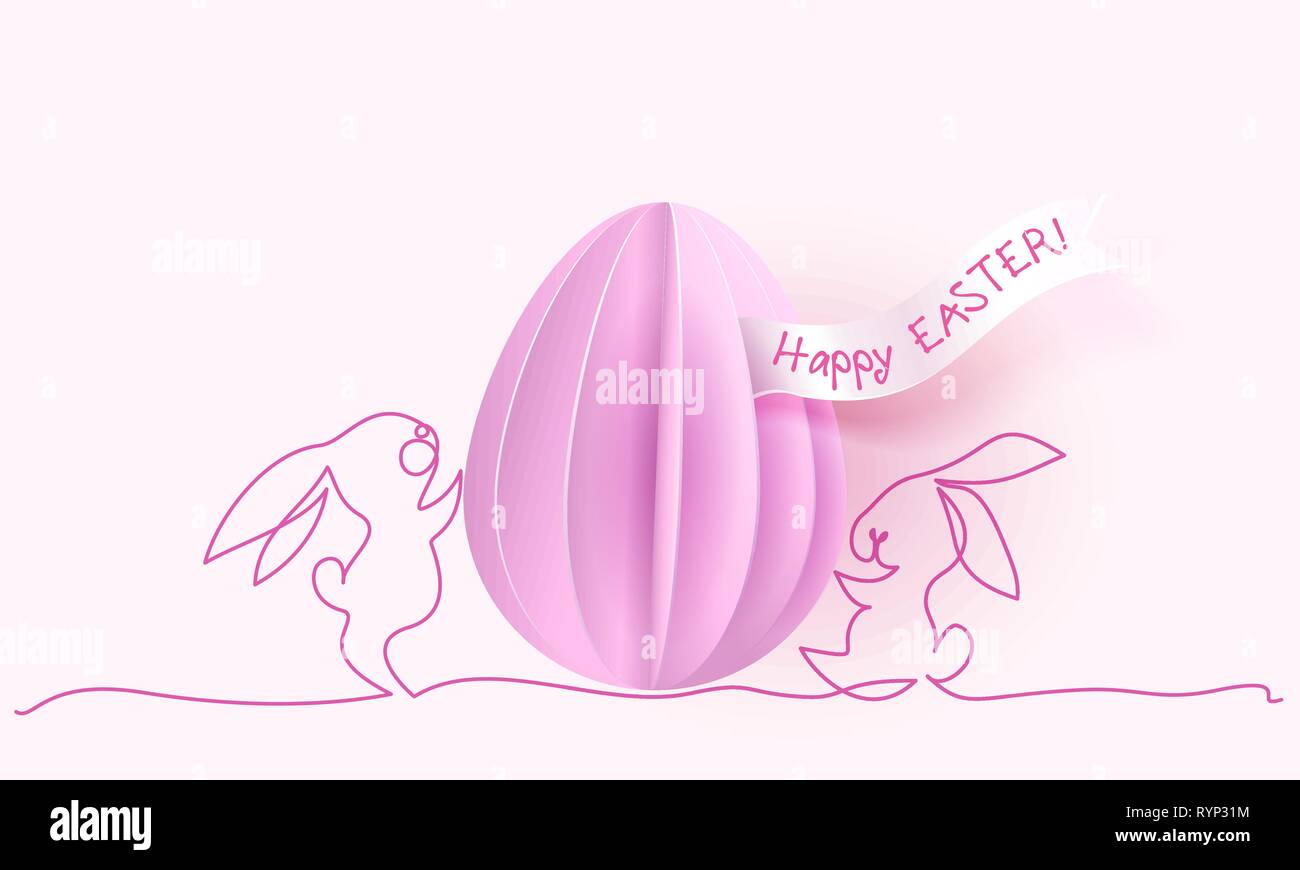 Felice Pasqua card. Carino disegnato a mano conigli con carta tagliata uova. Vettore desing di carta illustrazione. Continuo di uno stile della linea. Illustrazione Vettoriale