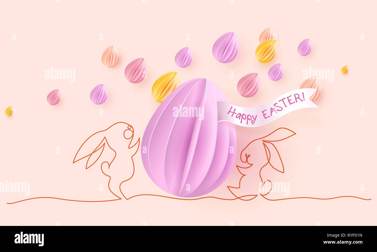 Felice Pasqua card. Carino disegnato a mano conigli con carta tagliata uova. Vettore desing di carta illustrazione. Continuo di uno stile della linea. Illustrazione Vettoriale