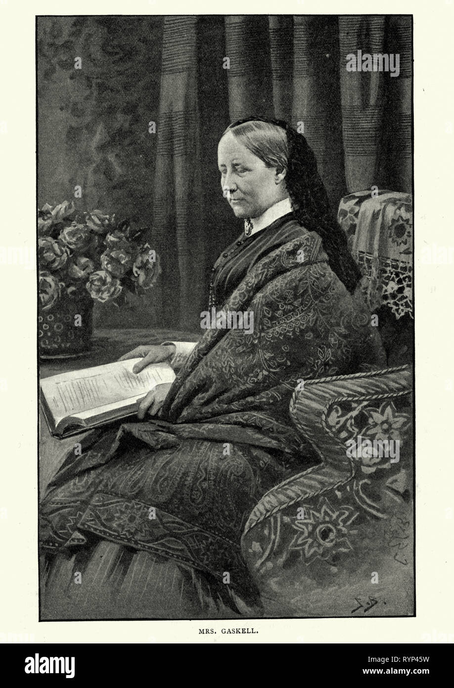 Vintage incisione di Elizabeth Gaskell, un romanziere inglese, biografo, e racconto breve scrittore Foto Stock