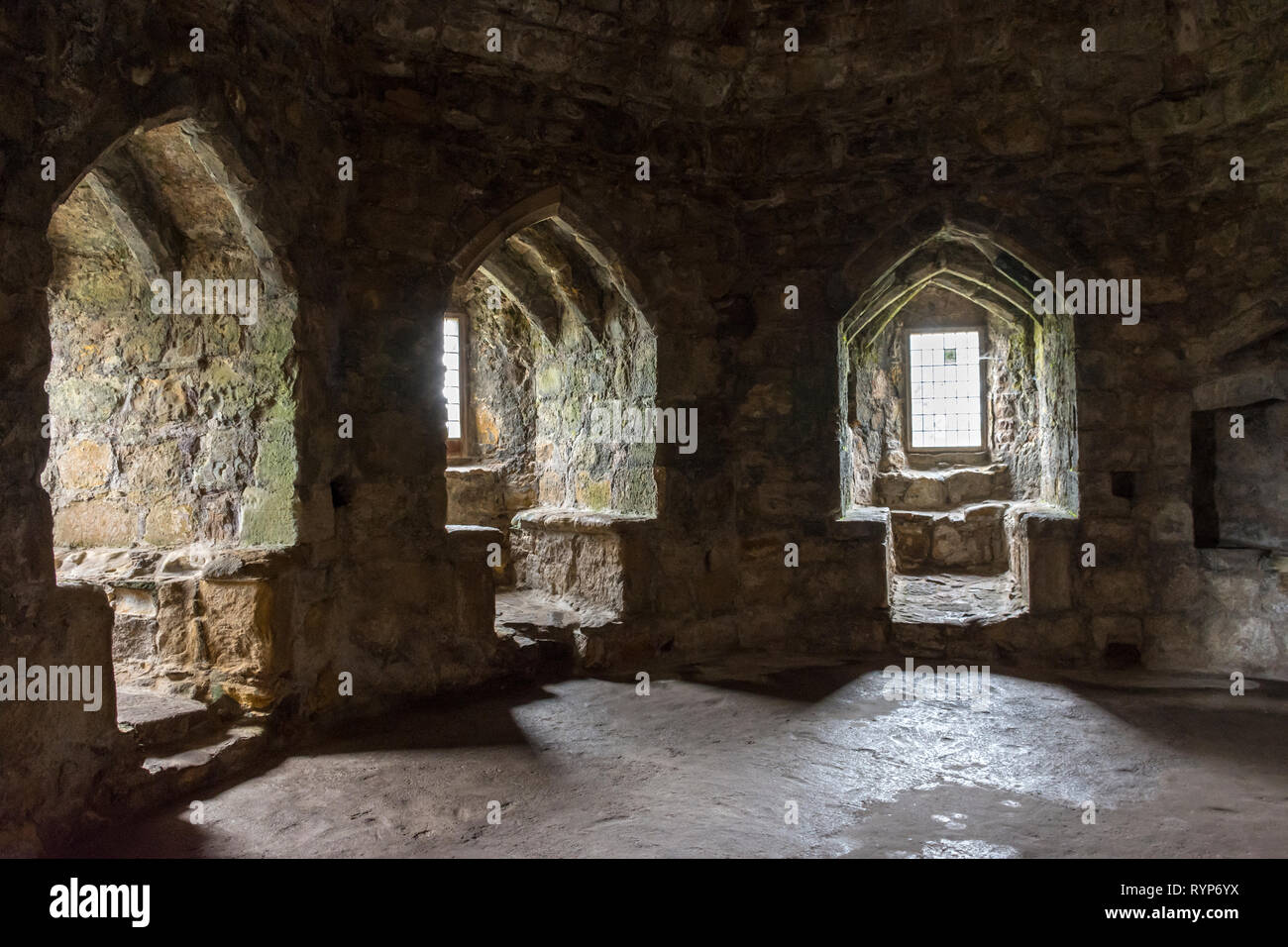 All'interno del de Vaux Torre a Dirleton Castle, vicino a North Berwick, East Lothian, Scozia, Regno Unito Foto Stock