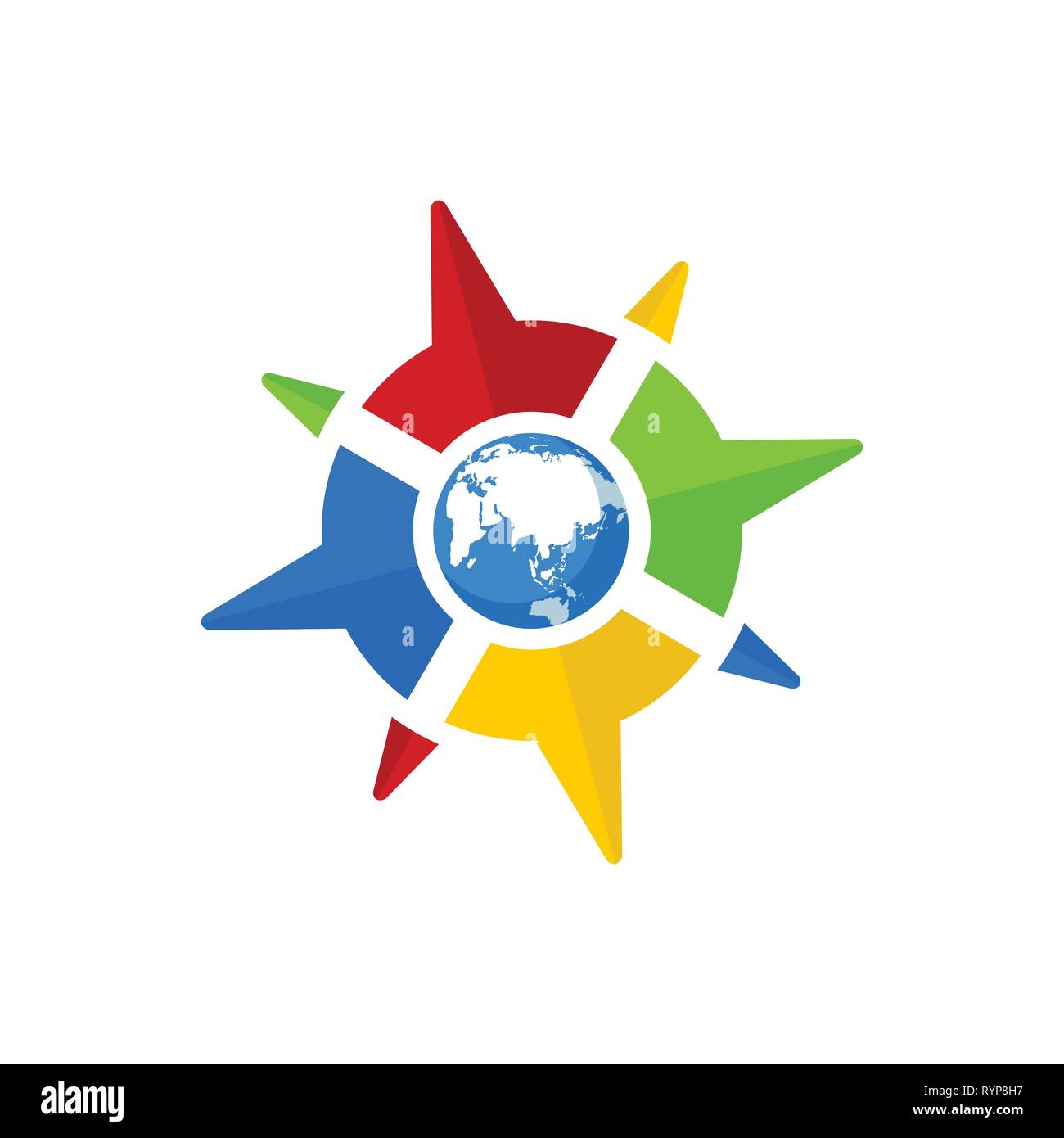 Bussola e globo del mondo colorato icona disegno vettoriale Illustrazione Vettoriale