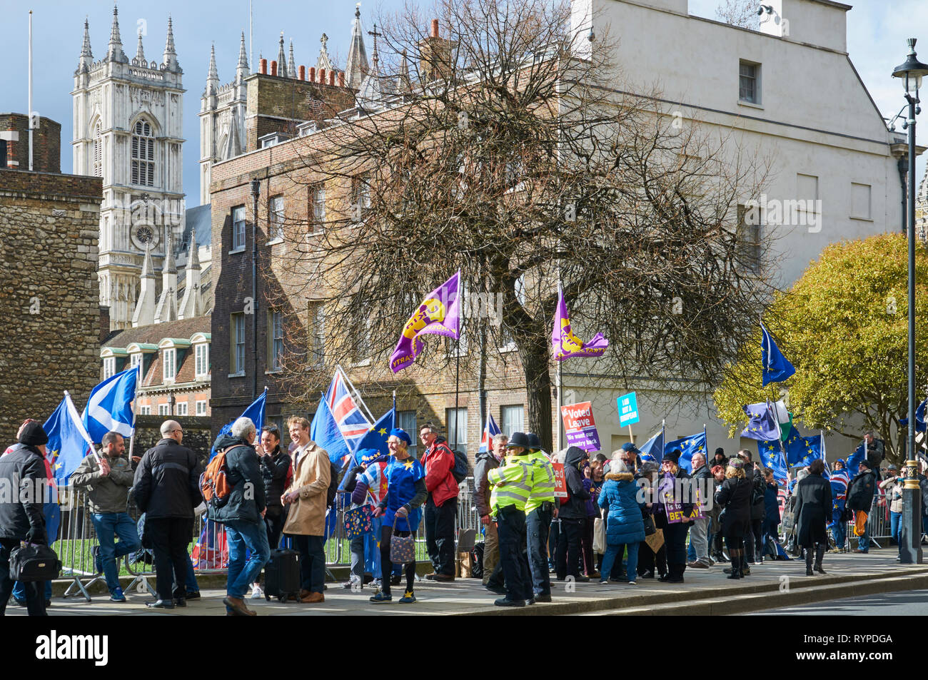 Westminster, Londra, Regno Unito. 14 mar 2019. Pro Brexit manifestanti con bandiere al di fuori del Palazzo di Westminster il quattordicesimo marzo 2019 il giorno della votazione per ritardare Brexit, con l'Abbazia di Westminster in background Credito: Richard Barnes/Alamy Live News Foto Stock