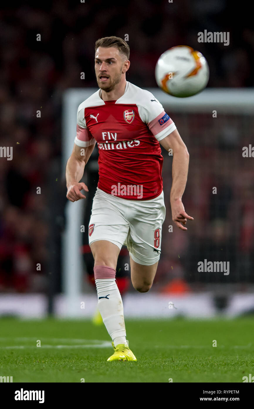 Londra, Regno Unito. Xiv Mar, 2019. Aaron Ramsey di Arsenal durante la UEFA Europa League Round di 32 seconda gamba match tra Arsenal e Rennes presso l'Emirates Stadium di Londra, Inghilterra il 14 marzo 2019. Foto di Salvio Calabrese. Solo uso editoriale, è richiesta una licenza per uso commerciale. Nessun uso in scommesse, giochi o un singolo giocatore/club/league pubblicazioni. Credit: UK Sports Pics Ltd/Alamy Live News Foto Stock